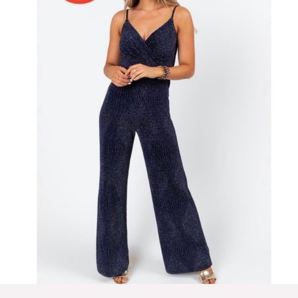New Francesca's Navy Blue Glitter Ribbed Wide Leg Jumpsuit